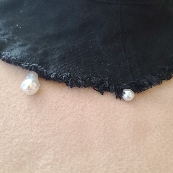 Serefina Frayed Bucket Hat Pearl Embellished Black Cotton Boho NWOT - Picture 4 of 10